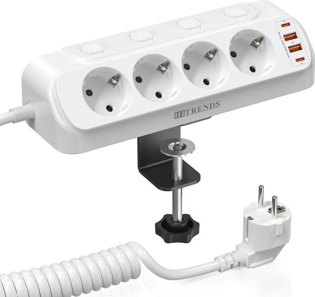 HITRENDS 8-in-1 Multifunktionale Ecksteckdosenleiste in Weiß mit 4 AC-Steckplätzen, 2 USB-A und 2 USB-C Anschlüssen für Schnellladung, geeignet für Tisch- und Wandmontage - Bild 1