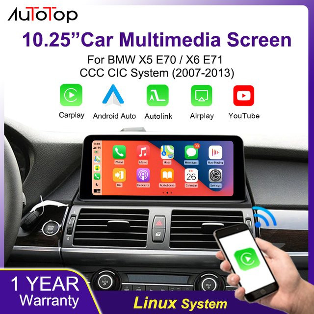 AUTOTOP Wireless Car Multimedia Radio Player mit 10,25 Zoll Linux-Touchscreen für BMW X5 E70 X6 E71 CCC/CIC System 2007-2013 mit Android Auto, Airplay und Autolink in Schwarz - Bild 1
