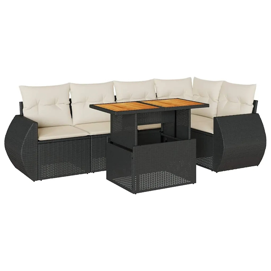 vidaXL 6-teilige Garten-Sofagarnitur in L-Form aus Poly-Rattan und Akazienholz mit Kissen in Schwarz und Cremeweiß - Bild 2