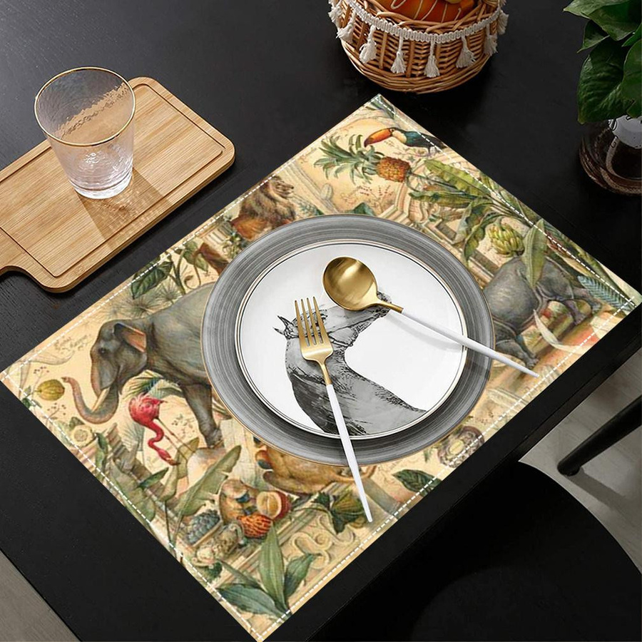 JF TableLinen Set mit 4 Tischsets aus Leinen mit exotischen Dschungel Safari Tier-Illustrationen im Vintage-Stil, Mehrfarbig, Rechteckig - Bild 3