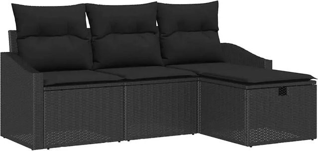 vidaXL Garten-Sofa-Set aus Polyrattan in Schwarz, 4-teilige L-Form Lounge-Garnitur mit Ottoman und Kissen für Terrasse und Garten - Bild 1