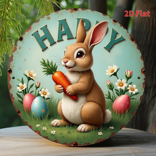 HELLOYOUNG Vintage-Osterdeko Metallschild rund mit Osterhasen und Blumen, Durchmesser: 20 cm, Mehrfarbig - Bild 1