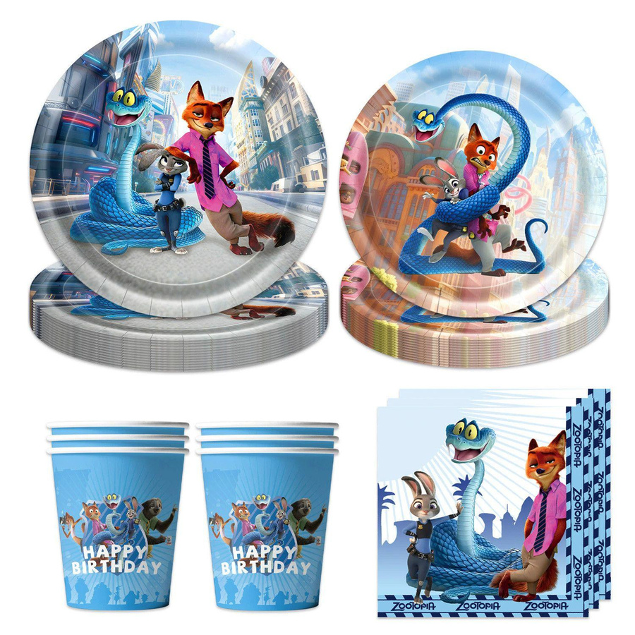 KIDSW Zootopia Partyzubehör Set in Mehrfarbig für Kindergeburtstage mit Banner, Papptellern, Pappbechern, Servietten und Tischdecke - Bild 3
