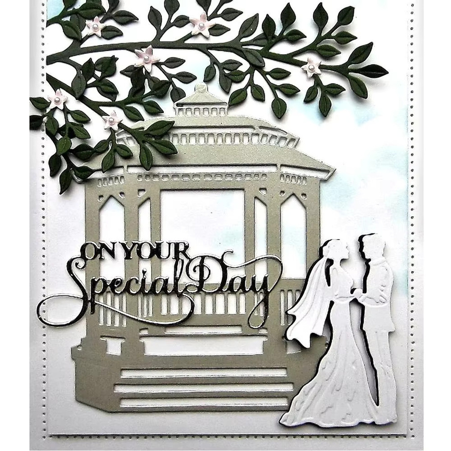 Metall-Stanzformen für DIY Scrapbooking und Basteln mit Hochzeitsmotiven wie Braut und Bräutigam sowie Pavillon und Glockenrand - Bild 2