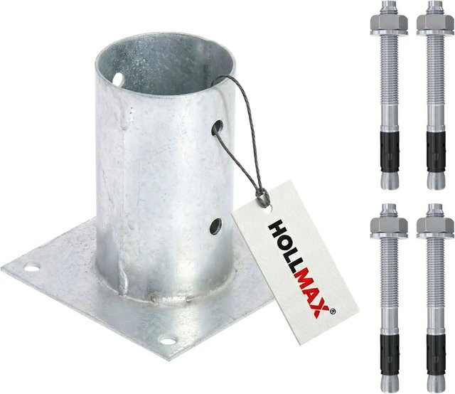 Hollmax Aufschraubhülse Pfostenträger für Rundholzpfosten 80 mm inklusive Schwerlastanker 10 x 100 mm, verzinkt in Silber - Bild 1