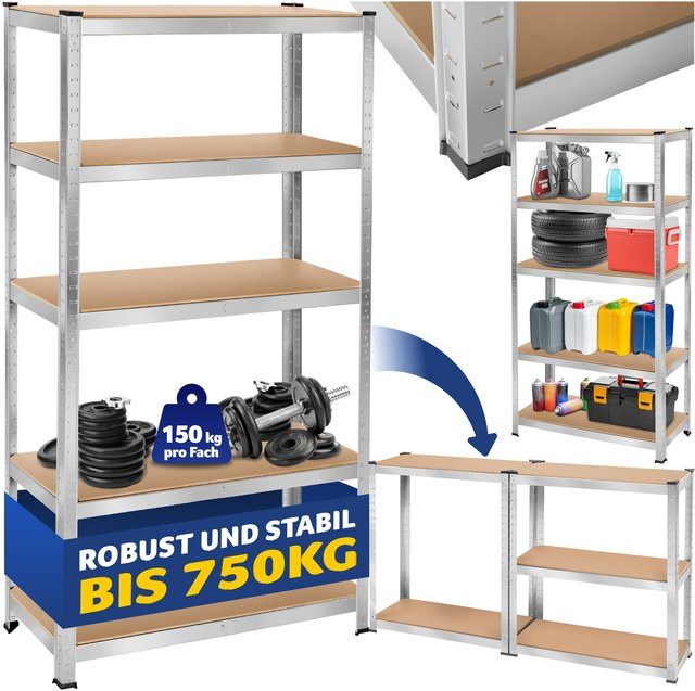 tectake Schwerlastregal mit verzinktem Stahlgestell und MDF-Böden, Silber, H x B x T: 180 x 90 x 40 cm - Bild 1