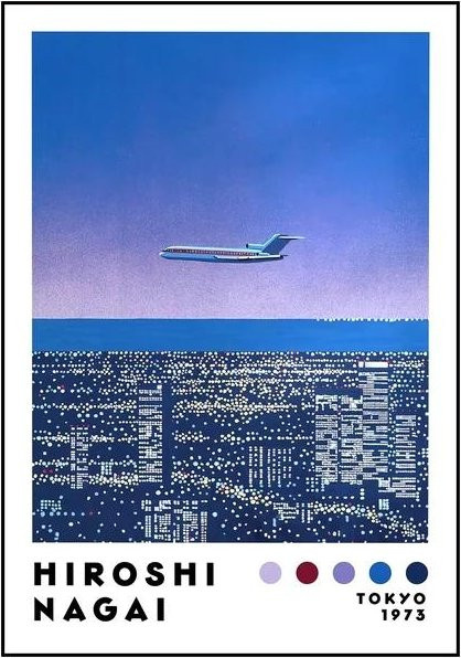 Leibert Art Decoration Painting Wandkunst Leinwandbild Nagai Hiroshi Vaporwave Japan Strandstadt Sommer Motiv in Blau, Breite: 50 cm, Höhe: 70 cm - Bild 1