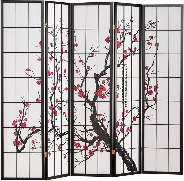 Homestyle4u 5-tlg. Shoji Paravent mit Kirschblütenmotiv in Schwarz aus Holz und Reispapier, H: 220 cm, B: 179 cm - Bild 1