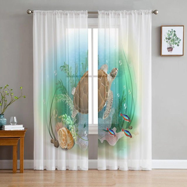 Transparenter Tüllvorhang mit Meeresschildkröten-Motiv von A Family Of Home Textiles, Farbe Weiß, B: 135 cm, H: 213 cm - Bild 1