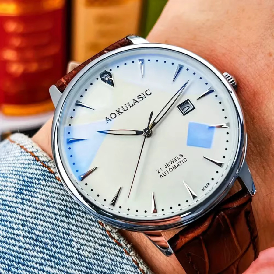AOKULASIC Armbanduhr Automatik, Skelett, Weiß, Leder, Herren - Bild 2