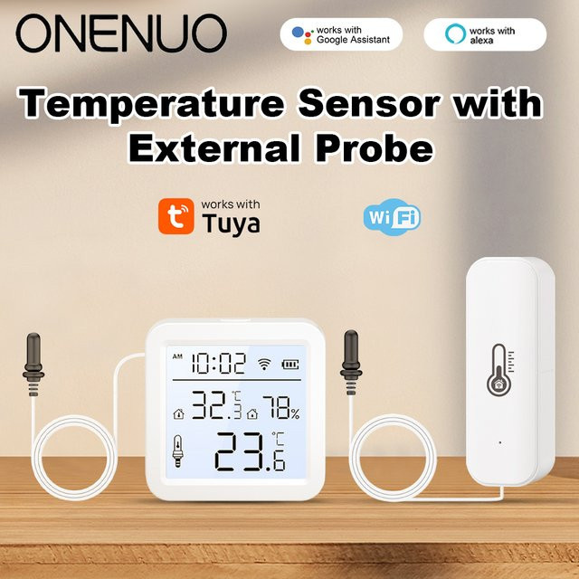 ONENUO Tuya WiFi-Feuchtigkeitstemperatursensor mit externer Sonde und LCD-Display in Weiß zur App-Überwachung für dein Smart Home und den Kühlschrank - Bild 1