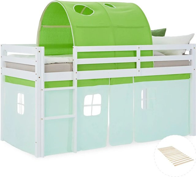 Homestyle4u Kinder Hochbett aus Kiefernholz mit Tunnel Vorhang und Lattenrost, Grün/Weiß, B/T/H: 207,5 x 99,5 x 110 cm - Bild 1