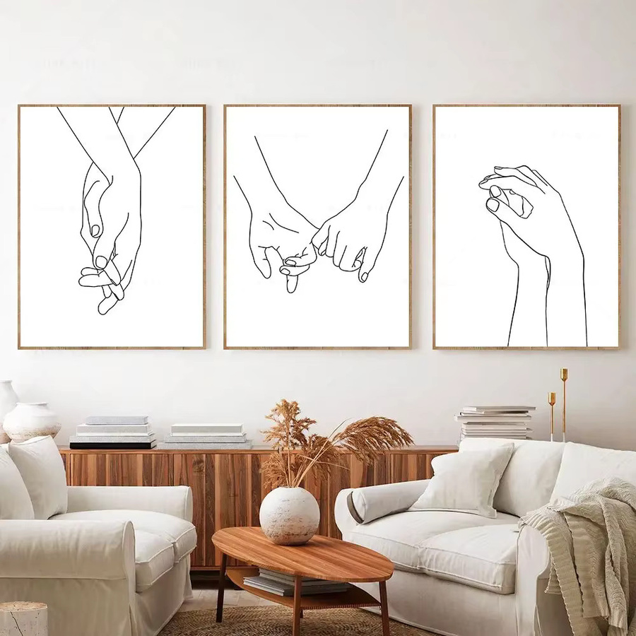 Potdemiel Abstrakte Leinwandmalerei Hände halten Linie Kunst Paar Liebe Poster Minimalistisches Wandbild in Weiß - Bild 2