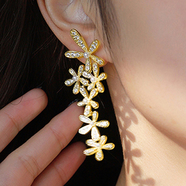 Huitan Gold Ohrringe, Perle, Blume Design, Damen - Bild 1