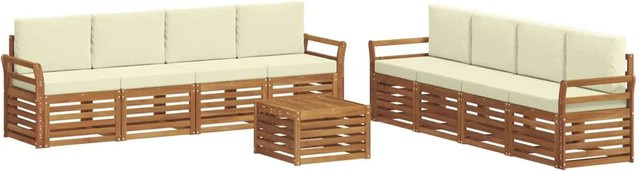 vidaXL Sofagarnitur aus Massivholz Akazie in Natur und Beige, 9-teiliges Set mit Tisch, Sesseln und Kissen im modernen Latten-Design - Bild 1