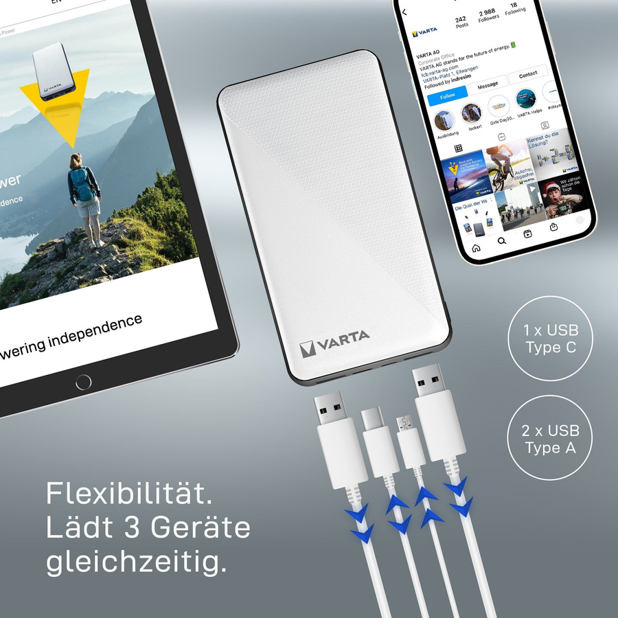 Varta Energy Powerbank 15000 mAh mit USB-C, Micro USB und USB-A in Weiß/Schwarz - Bild 3