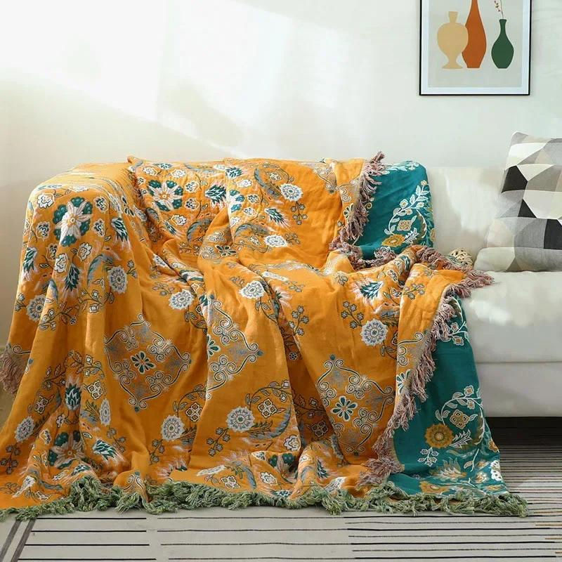Nordische Boho Tagesdecke aus 100% Baumwolle mit floralem Design in Gelb, B/B: 150 x 200 cm - Bild 4
