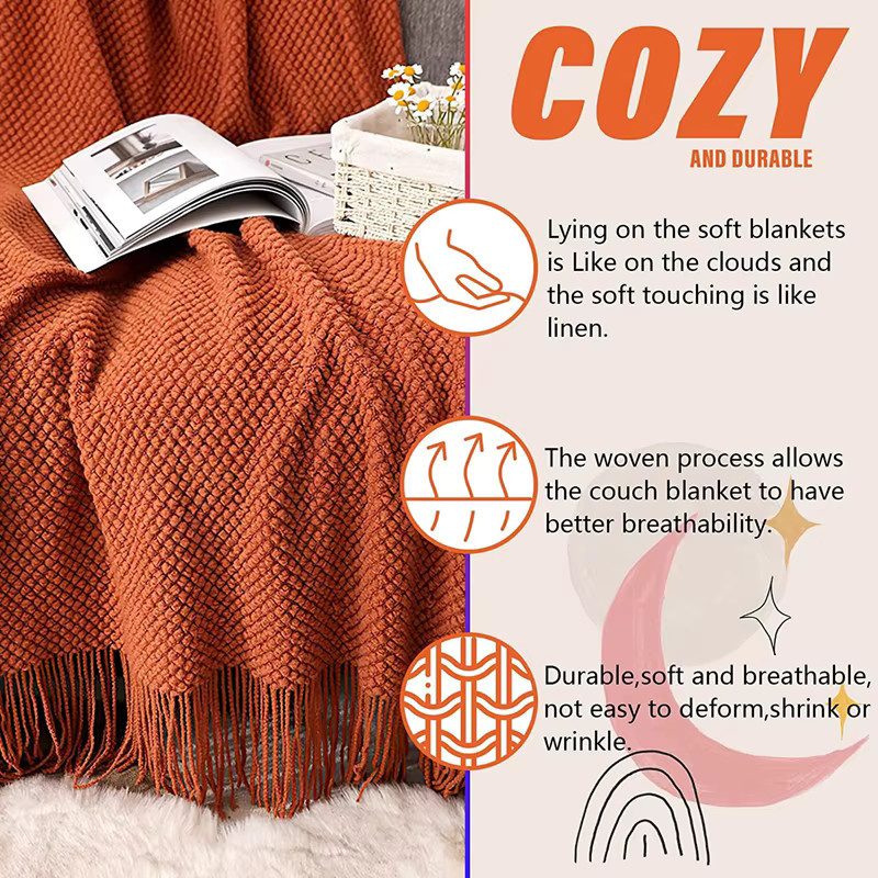 Inyahome Strickdecke mit Quasten im Vintage-Stil, Orange und Grau, B/B/H: 172 x 127 cm - Bild 3