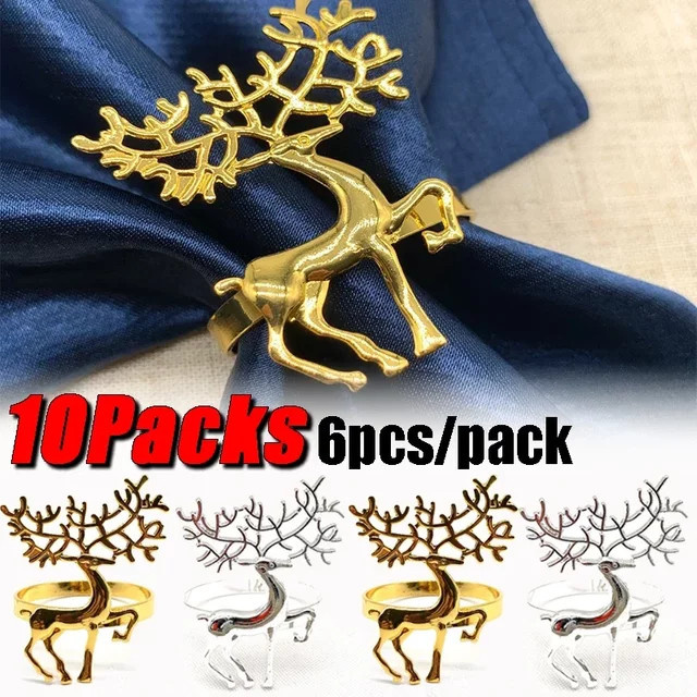 60 Stück dekorative Weihnachts-Serviettenringe in Gold und Silber mit Elch-Motiv aus Metall - Bild 1