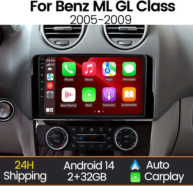 Android 14 Multimedia-Autoradio mit kabellosem CarPlay und GPS für Mercedes-Benz ML-Klasse und GL-Klasse W164 (2005-2009), Farbe: Schwarz - Bild 1