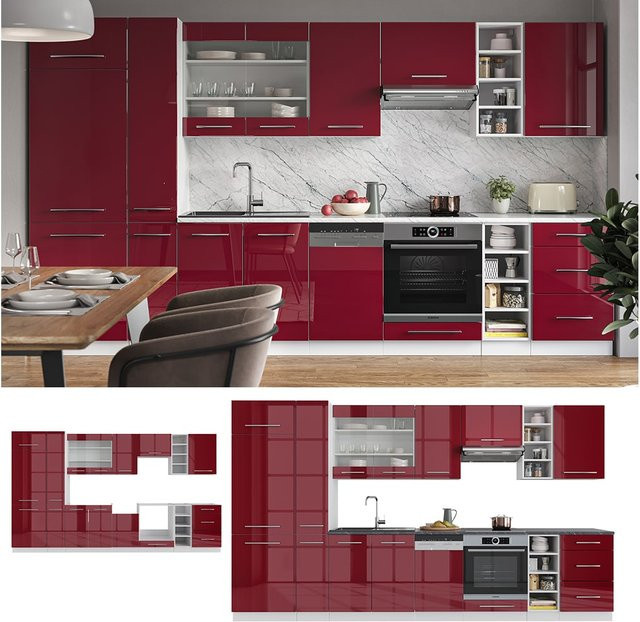 Vicco Küchenzeile Fame-Line Einbauküche Bordeaux Hochglanz und Weiß, Breite: 355 cm - Bild 1