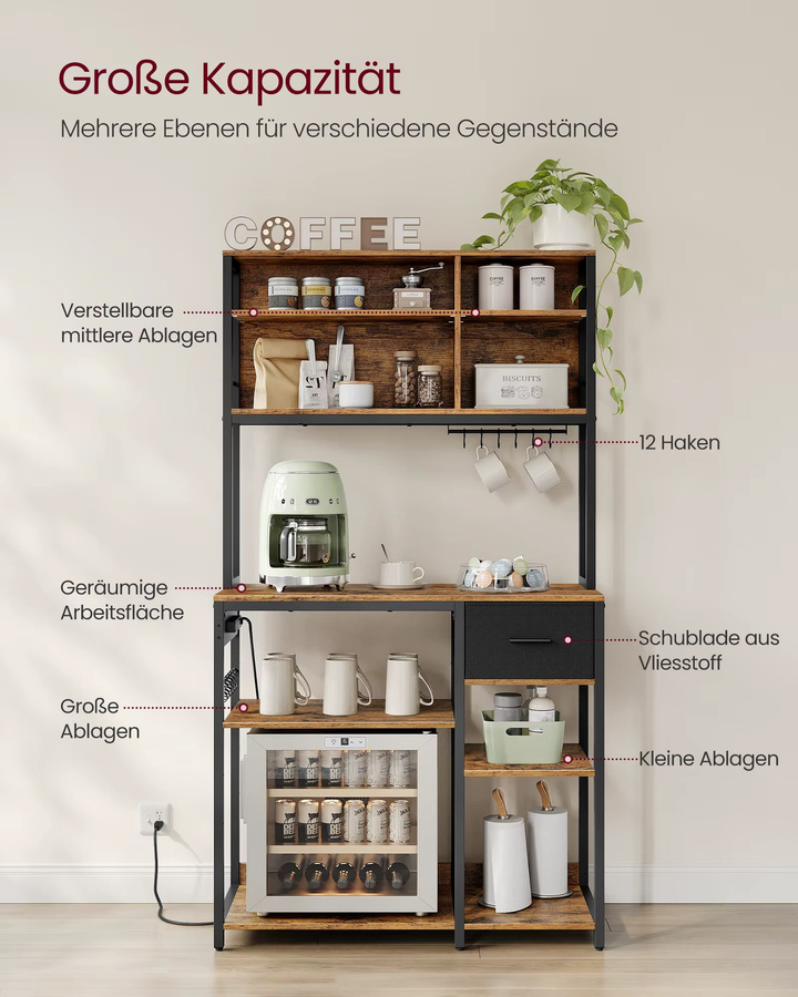 VASAGLE Küchenregal in Braun mit Steckdosen und verstellbaren Ablagen, Standregal mit Stoffschublade, B/T/H: 40 x 100 x 180,4 cm - Bild 3