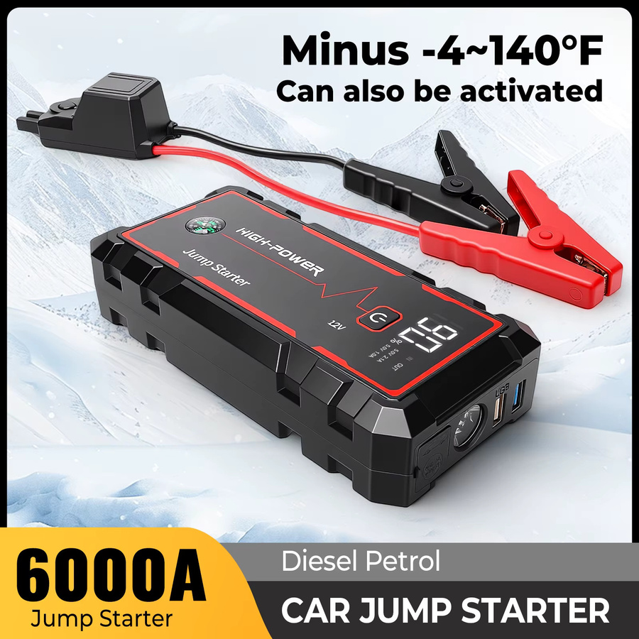 4-in-1 Auto-Starthilfe mit 6000A Spitzenstrom, Notfall-Batteriebooster, 150PSI Luftkompressor und USB-Schnellladung in Schwarz - Bild 2