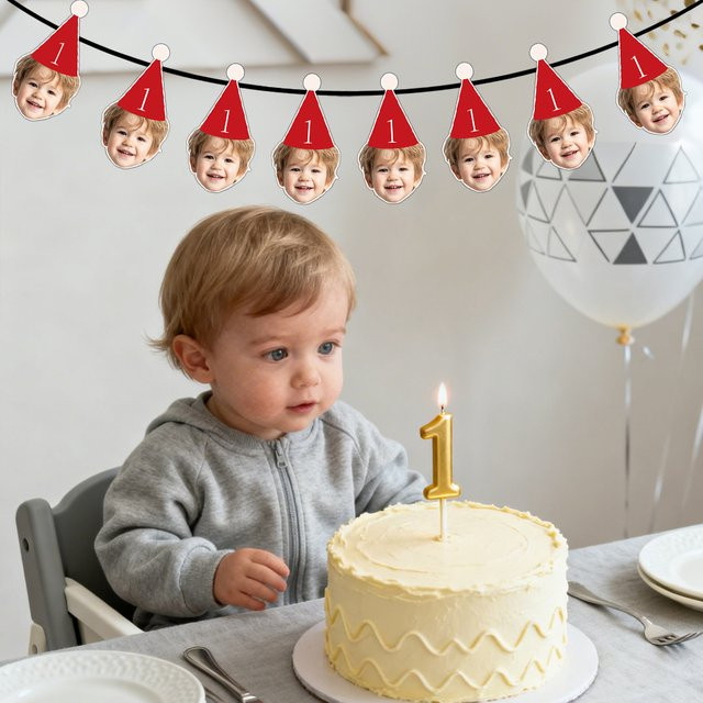 Individuelles Foto-Gesichtsbanner mit Partyhüten als Wanddekoration für Geburtstag und Junggesellenabschied - Bild 1