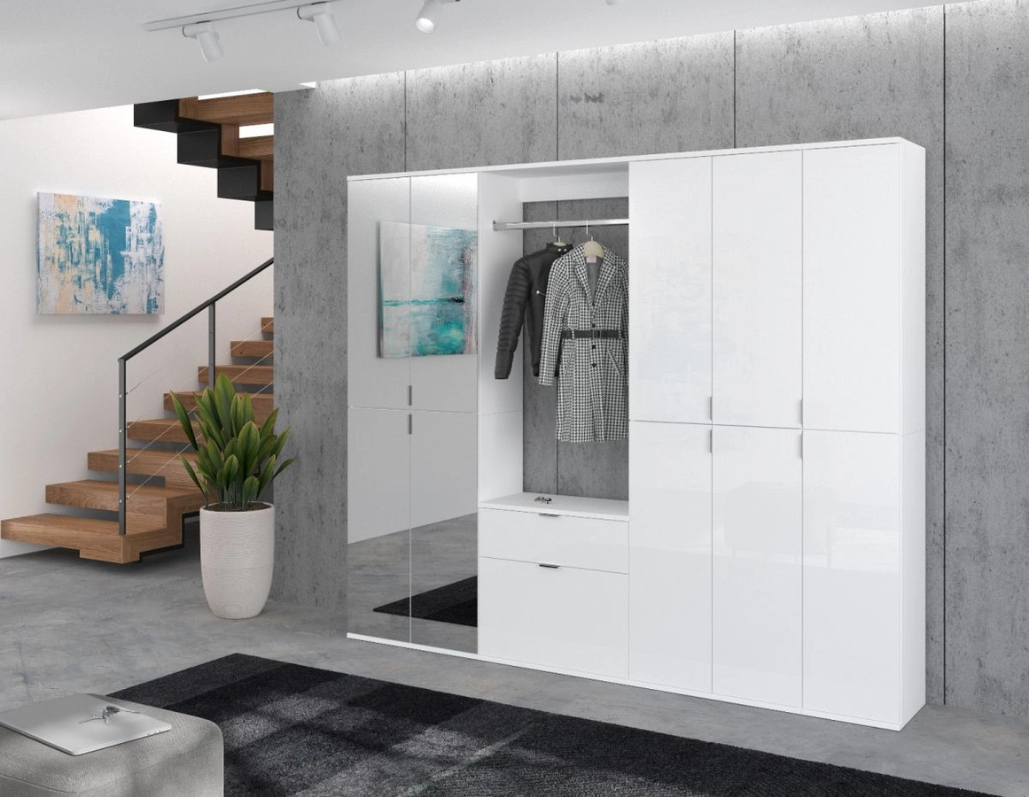 Garderobenschrank SystemX von Inn.Furn in Weiß Hochglanz mit Spiegel, Hosenregal und Einlegeböden, B/T/H: 152 x 34 x 193 cm - Bild 5