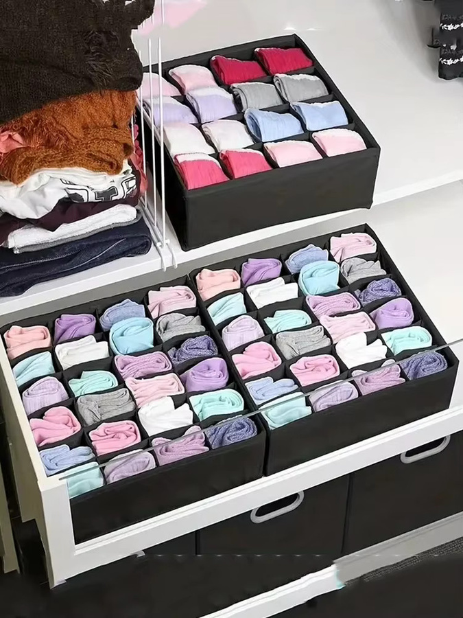 Meltset Aufbewahrungsbox mit 24 Gittern für Unterwäsche und Socken, schwarz, zusammenklappbar aus Stoff - Bild 6