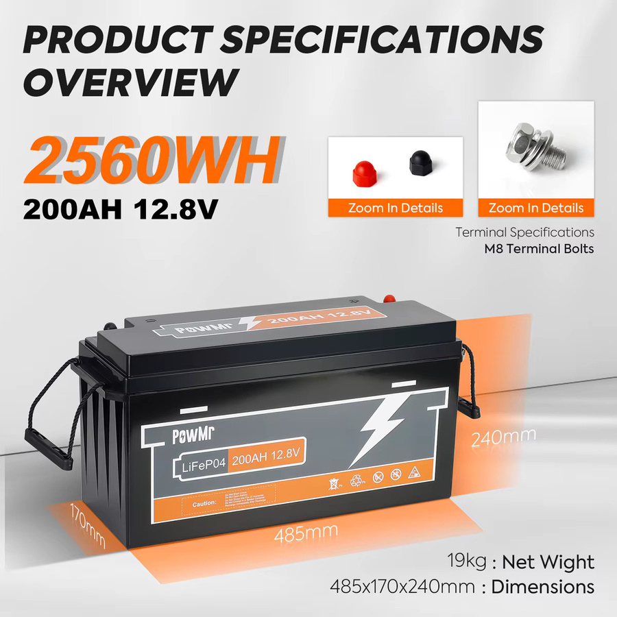 PowMr LiFePO4 Batterie 12V 200Ah 12,8V 2560Wh mit integriertem BMS und Schutzfunktionen in Schwarz - Bild 8