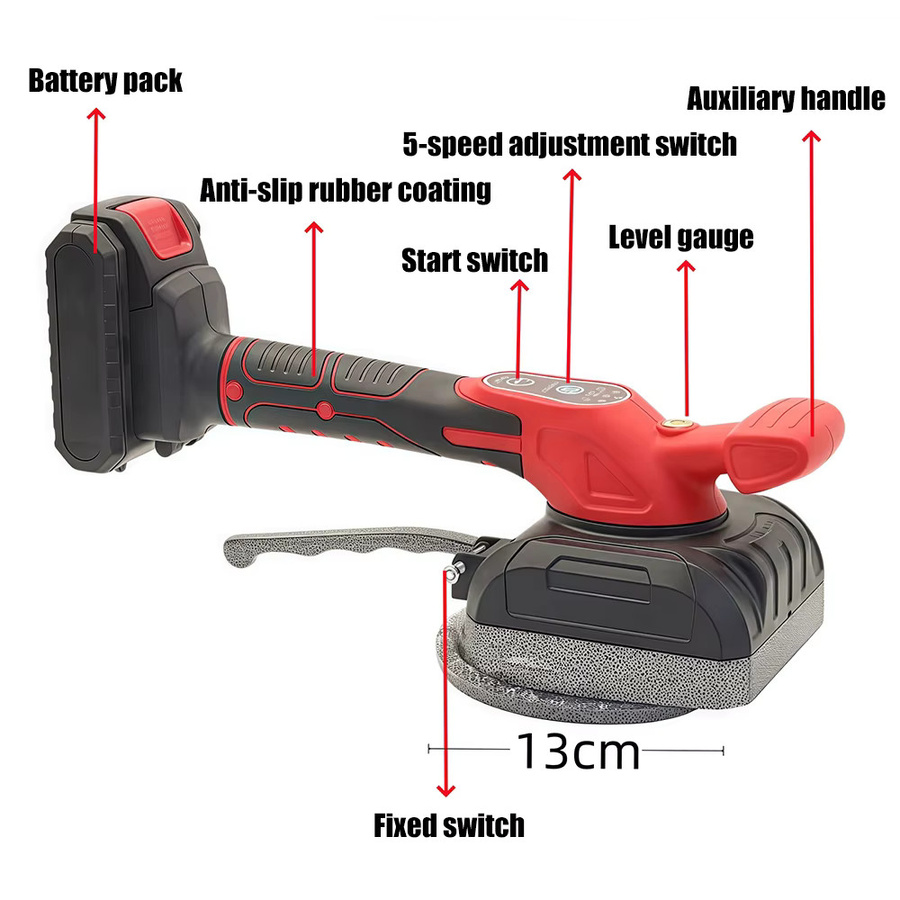 Podofo Elektrische Fliesenleger-Maschine in Rot mit 5 Geschwindigkeitsstufen, Fliesen-Vibrations- und Glättungswerkzeug inklusive 1 Akku und Ladegerät - Bild 6