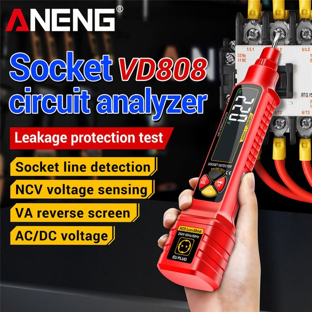ANENG VD808 Socket Power Tester Professioneller AC/DC Spannungsmesser mit NCV Spannungssensor zur Leitungsdetektion und Polaritätsprüfung in Schwarz und Rot - Bild 1