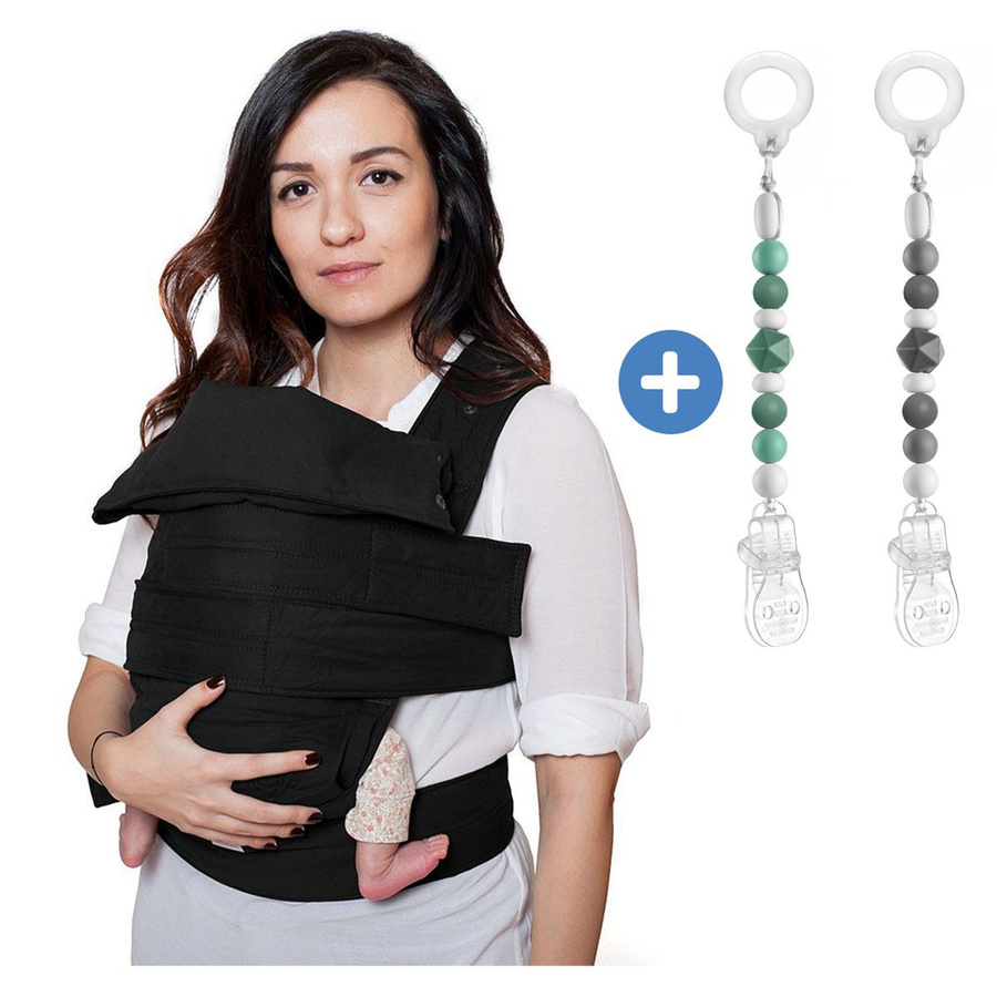 Marsupi Babytrage Classic 2.0 ab Geburt bis 15 kg in Schwarz inklusive 2 Silikon-Schnullerketten, Größe S/M - Bild 1