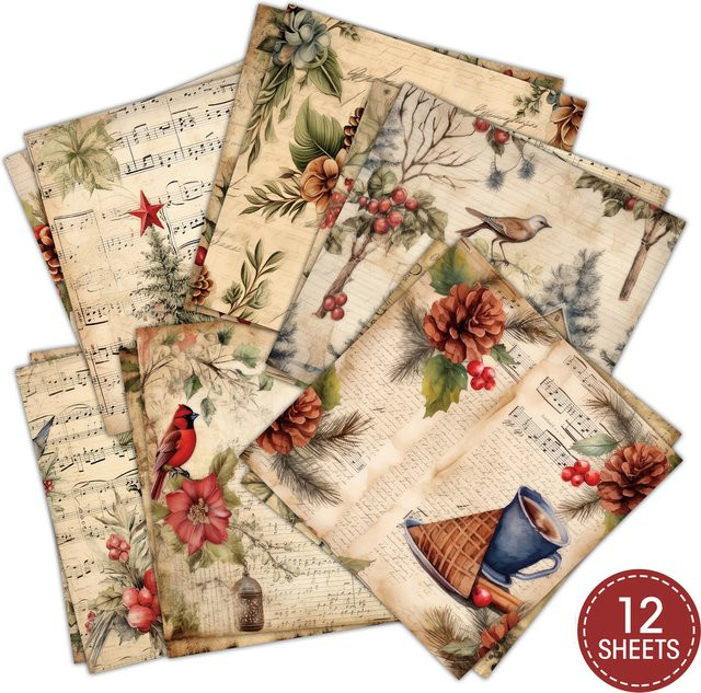 Viktorianisches Weihnachts-Scrapbook-Papier-Set mit 12 Blatt buntem Bastelpapier in Mustern von Weihnachtssternen, Vögeln und Weihnachtsmann für dein DIY-Projekt und Tagebuch - Bild 1