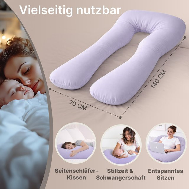 ELONEO Seitenschläferkissen in U-Form als Stillkissen und Schwangerschaftskissen XXL, Lila - Bild 1