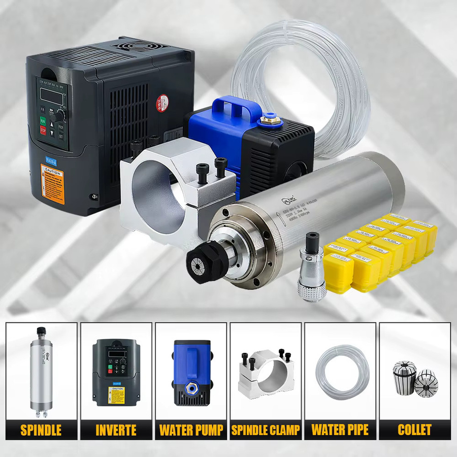 HLTNC Spindelmotor Set mit 2,2KW, 24000 U/min, wassergekühlt, einphasig 220V inklusive Frequenzumrichter, Wasserpumpe, Spannzange und Spindelhalterung, multicolour - Bild 2