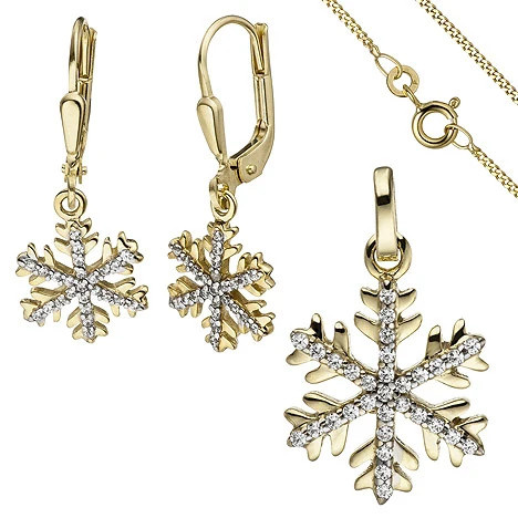 Colfem Schmuck-Set Schneeflocke, 333 Gelbgold, Zirkonia, Ohrringe und Kette 42 cm - Bild 1