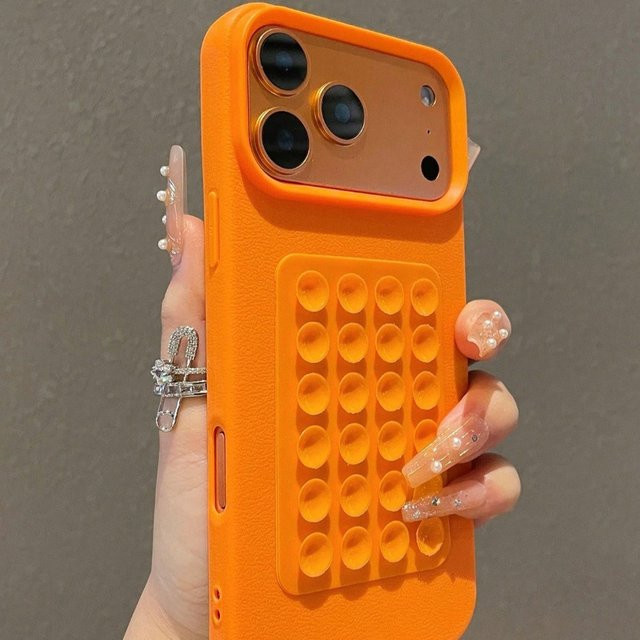 Stoßfeste iPhone Schutzhülle mit 3D Saugnapf und Litschi Muster in Orange für iPhone 17 16 15 14 13 12 11 Pro Max X XS XR 16E - Bild 1