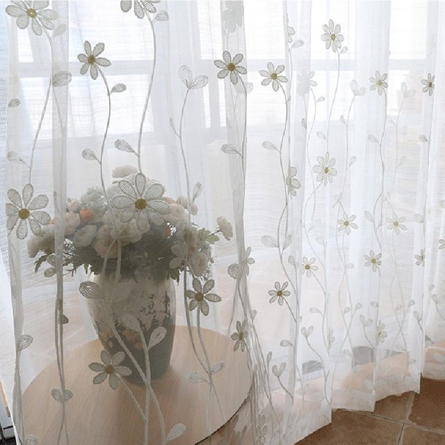 AiFish Transparent Voile-Vorhang mit Blumenstickerei in Weiß, Breite: 100 cm, Höhe: 180 cm - Bild 1