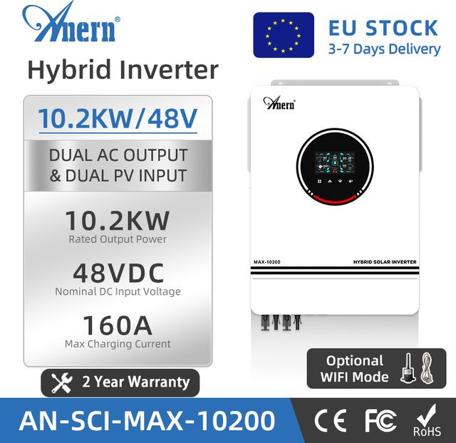 Anern 10,2 kW Hybrid-Solarwechselrichter in Weiß mit 48 V, integriertem MPPT und 160 A Solarladeregler sowie Dual-PV-Eingang - Bild 1