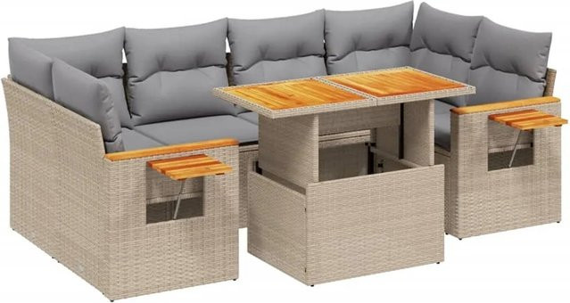 vidaXL 7-tlg Garten-Sofagarnitur in L-Form aus Poly Rattan und Akazienholz mit Kissen in Beige und Grau - Bild 1