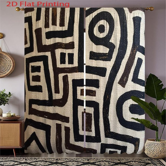 2 Stück moderne geometrische Vorhänge mit abstraktem Muster in Schwarz, Weiß und Braun, halbtransparentes Gewebe, B: 100 cm, H: 130 cm - Bild 1
