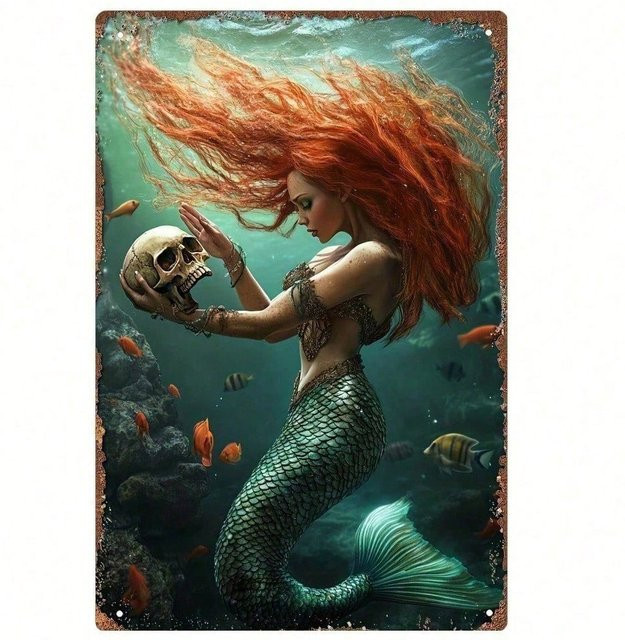 CIFBUY Metall-Wandkunst Meerjungfrau-Schädel Schild im Vintage-Stil, B/H: 20,3 x 30,5 cm, Multicolour - Bild 1