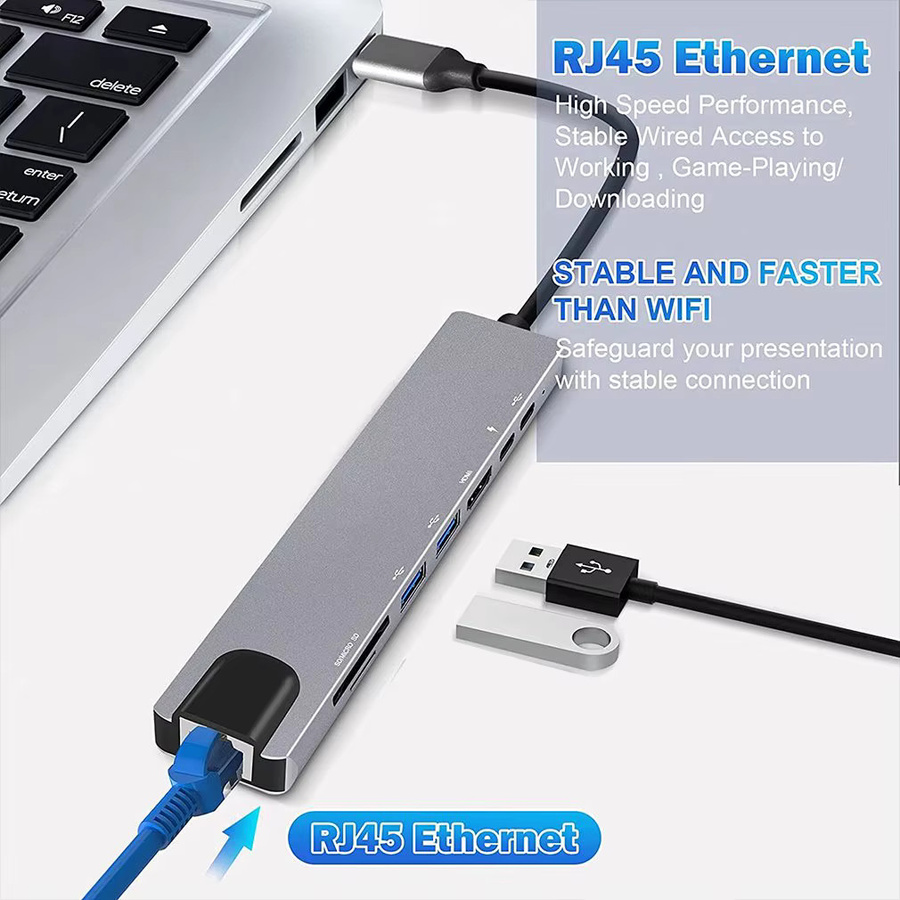 8-in-1 USB-C Docking Station Hub mit HDMI, RJ45 Ethernet, USB 3.0 und SD/TF Kartenleser in Schwarz - Bild 3