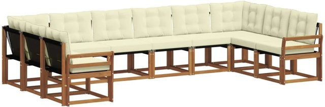 vidaXL Outdoor-Sofagarnitur 10-teilig L-Form aus Akazienholz mit Textilene und Kissen in Natur und Creme - Bild 1