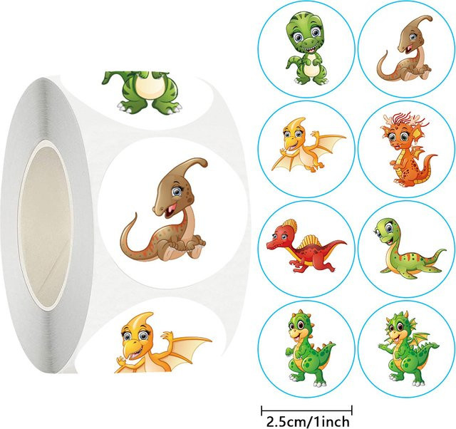 TYFYO Dinosaurier-Aufkleber für Kinder, runde Tier-Motiv Aufkleber aus Papier, Mehrfarbig, Durchmesser: 2,5 cm - Bild 1