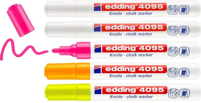 edding Kreidemarker 4095, 5er-Set, Mehrfarbig (Weiß, Gelb, Orange, Pink) - Bild 1