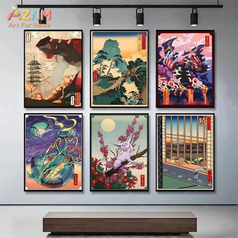 AZNM Ukiyo-e-Stil Pokemon Leinwand-Wanddruck mit Groudon, Kyogre und Espeon in japanischer Vintage-Landschafts-Illustration, ungerahmt, mehrfarbig - Bild 2