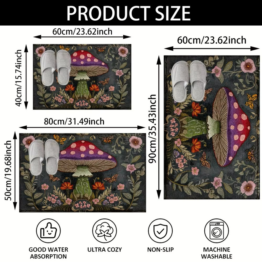 VIKAMA Fantasy-Pilz-Fußmatte mit floralem Motiv in Grün und Lila, B/T: 60 x 40 cm - Bild 3
